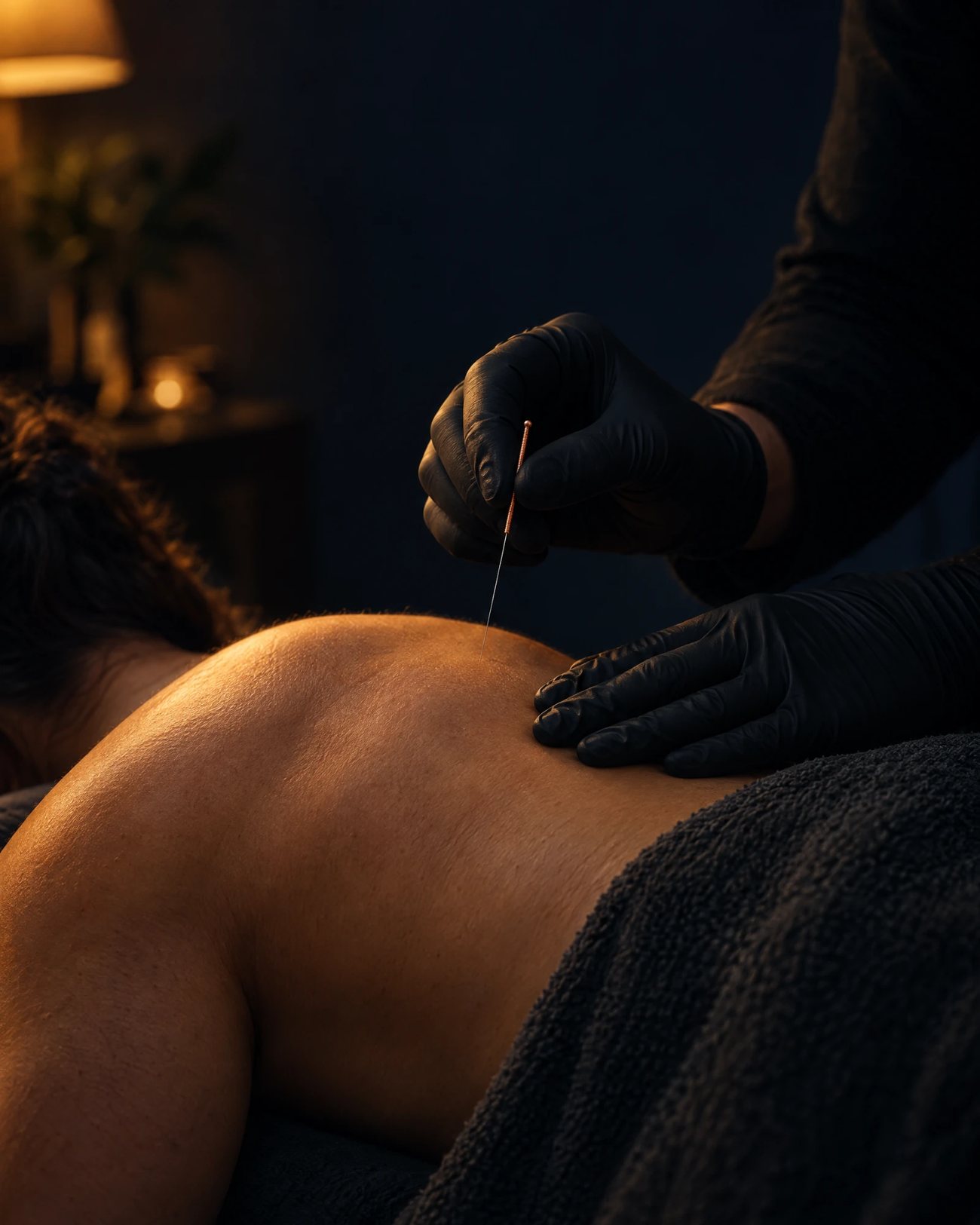 Symbolbild Dry Needling: Eine behandschuhte Hand setzt eine feine Nadel über dem Schultermuskel an